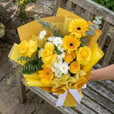 Sunny 5 Yellow Roses & 3 Yellow Gerberas Bouquet with White Daisy