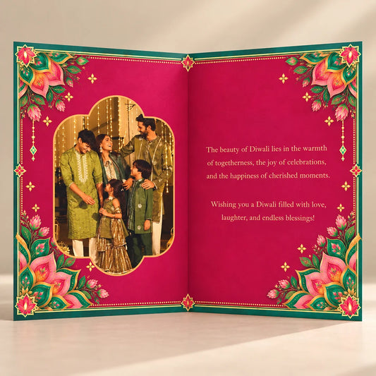 Personalized Diwali Greeting Card with Pink & Teal Mandala Florals