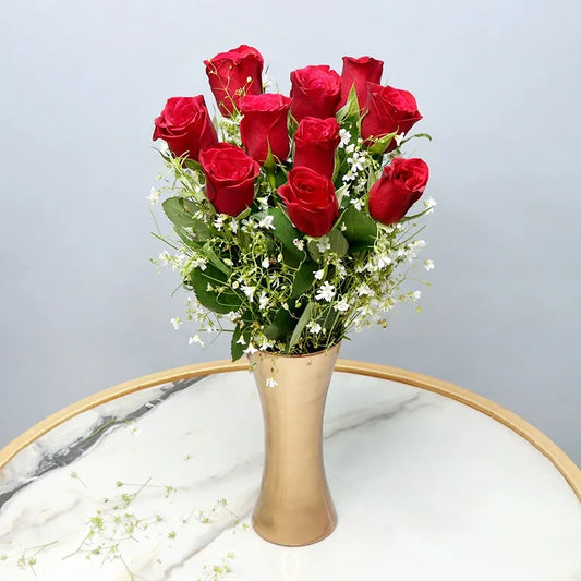 Beautiful Pink Roses Golden Glass Vase