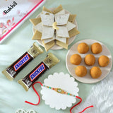 Vivid Kundan Rakhi Hamper with Kaju Katli, Besan Laddoo & Snickers