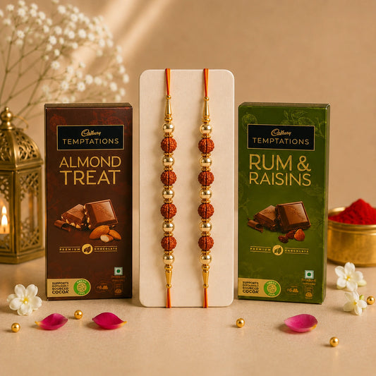 Set Of 2 Rudraksha Rakhi With Temptations Chocolates