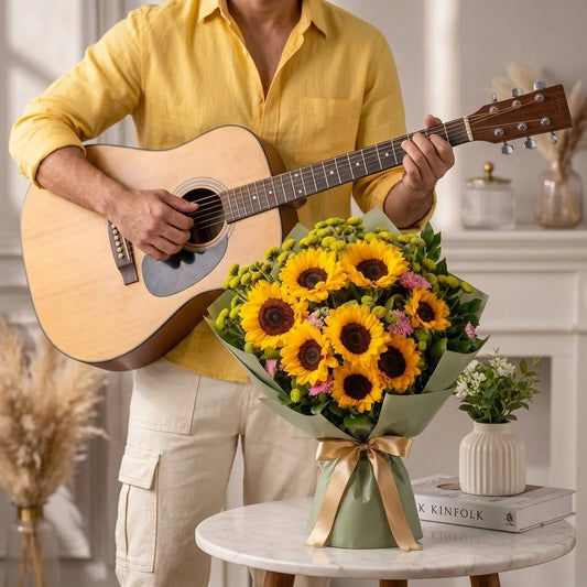 Sunflower, Daisy & Chrysanthemum Mixed Bouquet with Guitarist