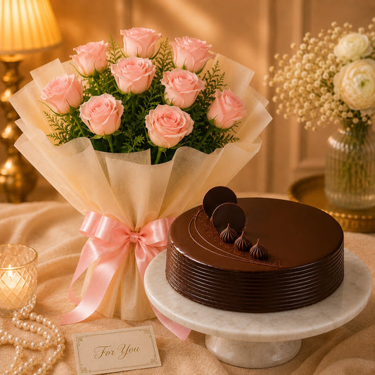 9 Pink Roses With Chocolate Truffle Cake