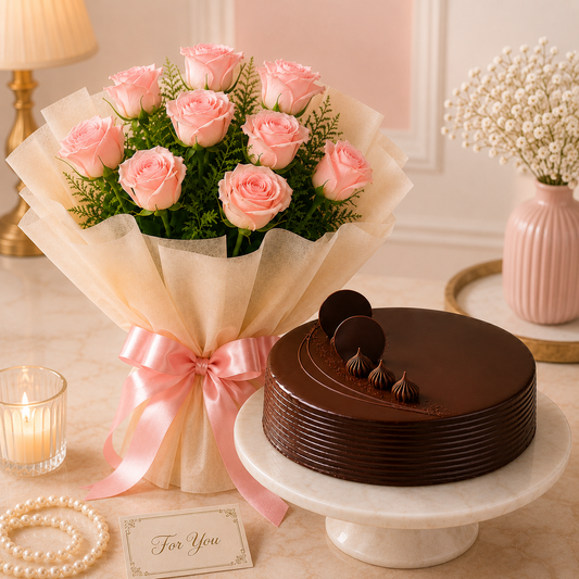 9 Pink Roses With Chocolate Truffle Cake
