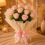9 Pink Roses With Chocolate Truffle Cake