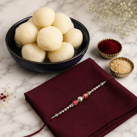 Velvety Pearl Rakhi With Rasgulla Delights