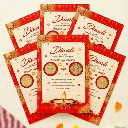Pack Of 6 Diwali Aarti with Golden Coins Greeting Card