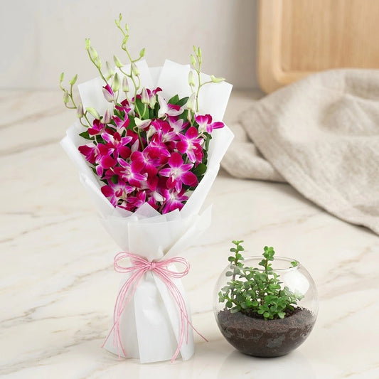 Purple Orchids & Jade Plant Vase Arrangement