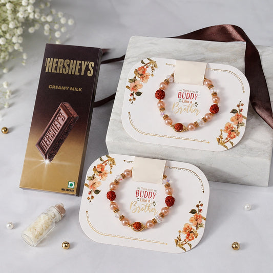 Set of 2 Rudraksha Pearl Beaded Bracelet Rakhis with Hershey's Creamy Milk Chocolate