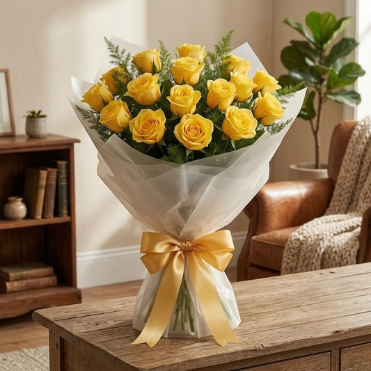 Cheerful 20 Yellow Roses Bouquet with Green Fillers & Yellow Ribbon