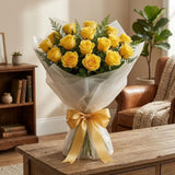 Cheerful 20 Yellow Roses Bouquet with Green Fillers & Yellow Ribbon