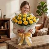 Cheerful 20 Yellow Roses Bouquet with Green Fillers & Yellow Ribbon