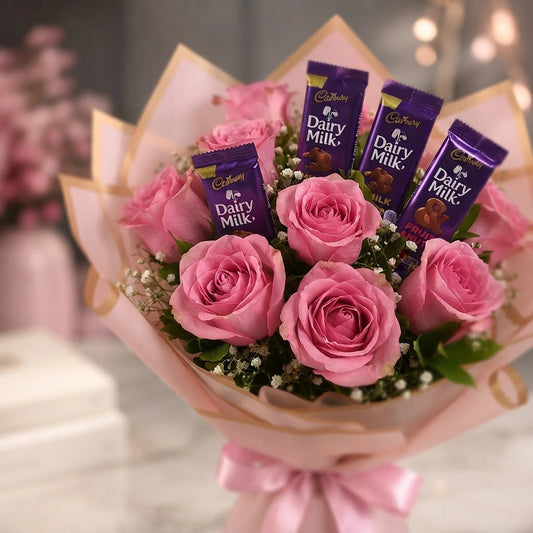 9 Baby Pink Roses & Dairy Milk Chocolate Bouquet
