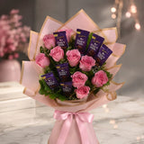 9 Baby Pink Roses & Dairy Milk Chocolate Bouquet