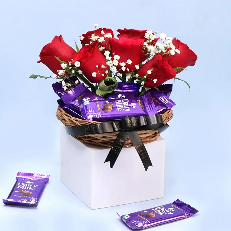 Classic Romance Red Roses & Dairy Milk Basket
