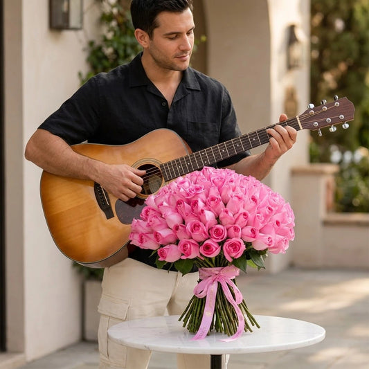 150 Pink Roses Grand Hand-Tied Bouquet with Guitarist