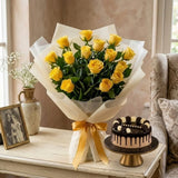 15 Yellow Roses Bouquet with Half Kg Chocolate Cream Cake Combo