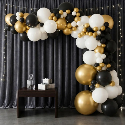 Black Sequin Wall with Gold & Black Balloon Decor