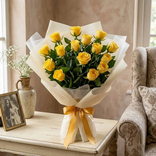 15 Yellow Roses Bouquet with Half Kg Chocolate Cream Cake Combo
