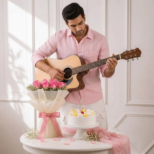 10 Aqua Pink Roses & Pineapple Cake with Guitarist