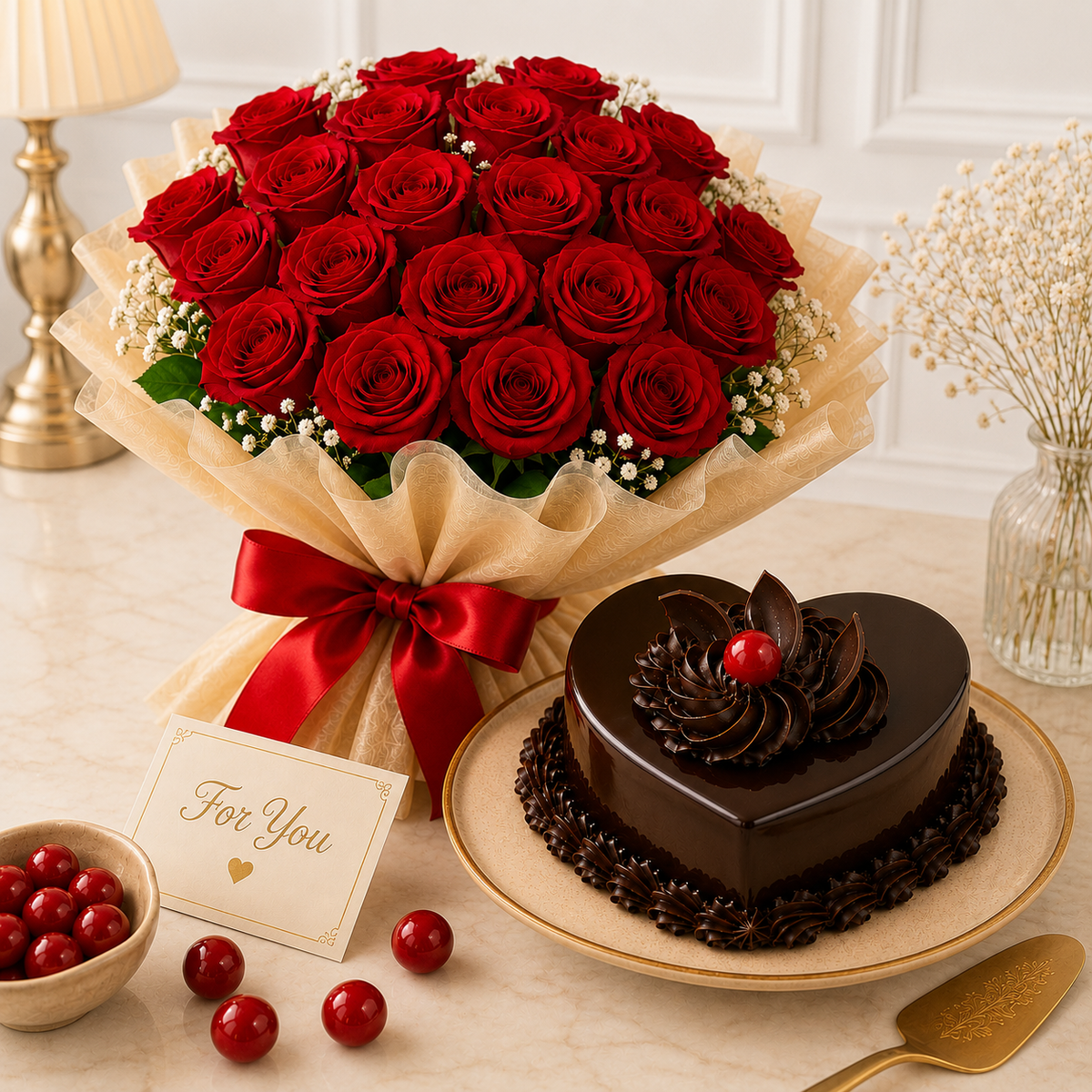 Red Roses With Chocolate Truffle Cake