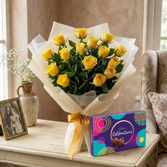 15 Yellow Roses Bouquet with Cadbury Celebrations Chocolate Gift Pack