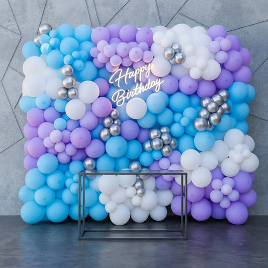 Blue & Lavender Balloon Wall with Neon Birthday Sign