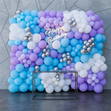 Blue & Lavender Balloon Wall with Neon Birthday Sign