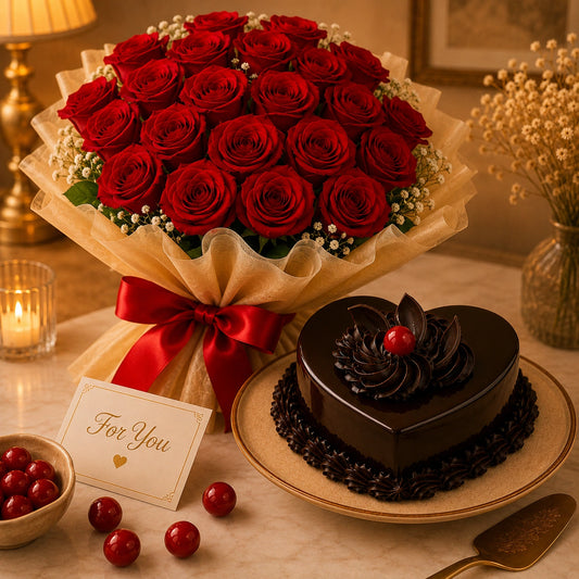 Red Roses With Chocolate Truffle Cake
