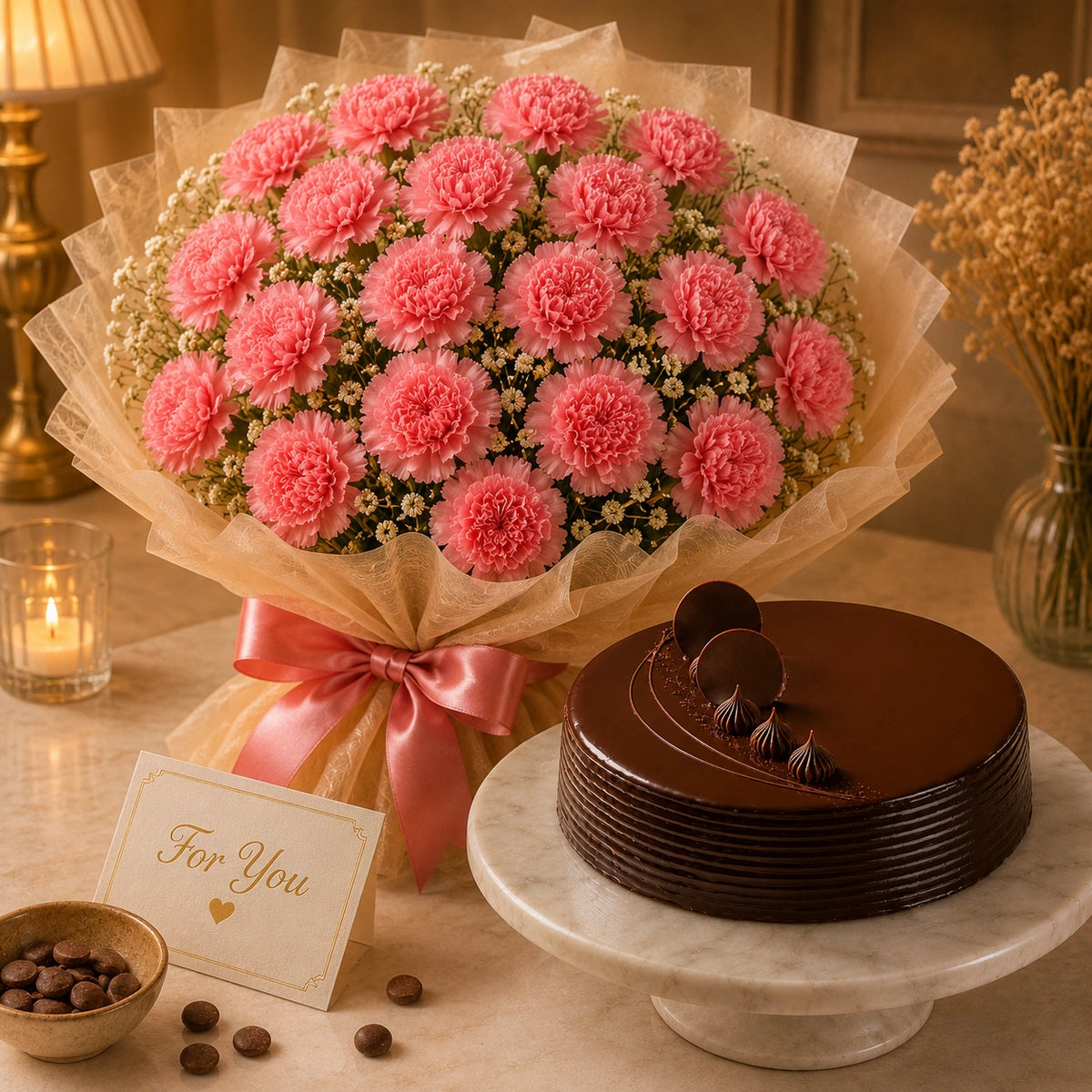 15 Carnations With Chocolate Truffle Cake