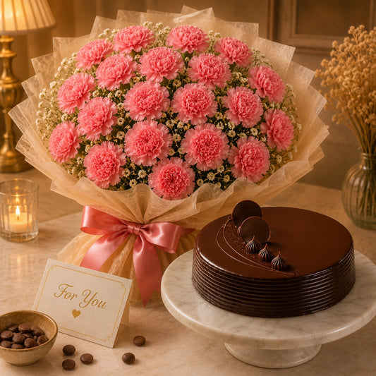 15 Carnations With Chocolate Truffle Cake