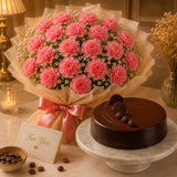 15 Carnations With Chocolate Truffle Cake