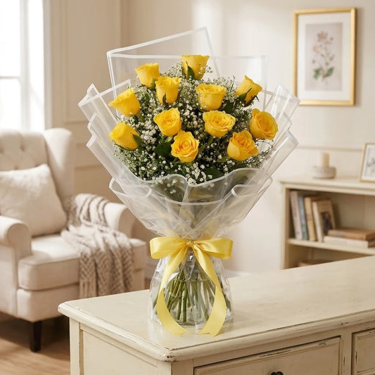 12 Yellow Roses Bouquet with White Gypsophila & Morpankhi Leaf Filler