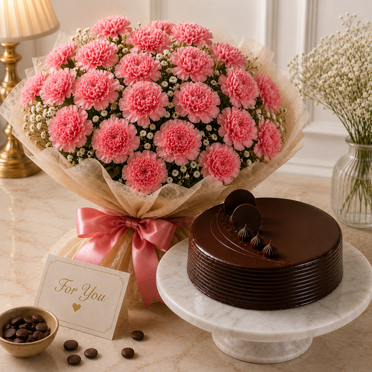 15 Carnations With Chocolate Truffle Cake