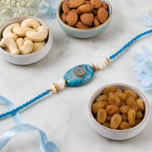 Blue Stone Floral Enamel Rakhi with Dry Fruits