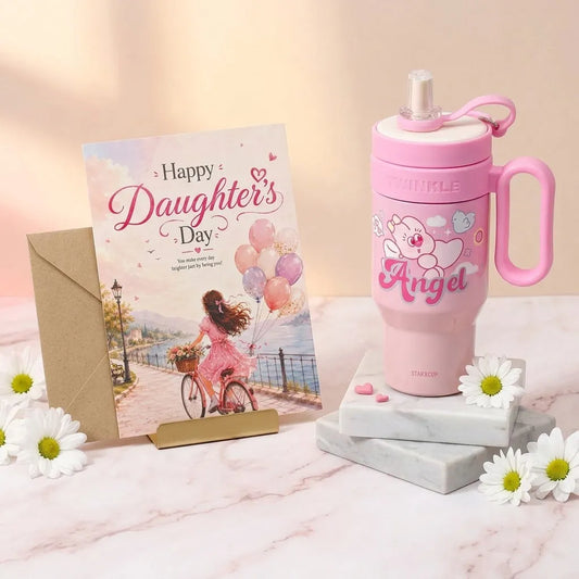"Joyful Wishes" Personalized Daughter's Day Card with Pink Angel Tumbler