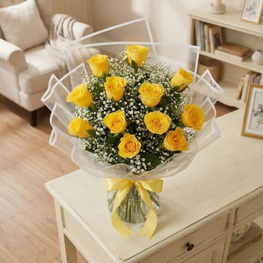 12 Yellow Roses Bouquet with White Gypsophila & Morpankhi Leaf Filler