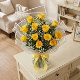 12 Yellow Roses Bouquet with White Gypsophila & Morpankhi Leaf Filler