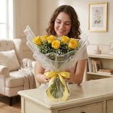 12 Yellow Roses Bouquet with White Gypsophila & Morpankhi Leaf Filler