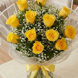12 Yellow Roses Bouquet with White Gypsophila & Morpankhi Leaf Filler