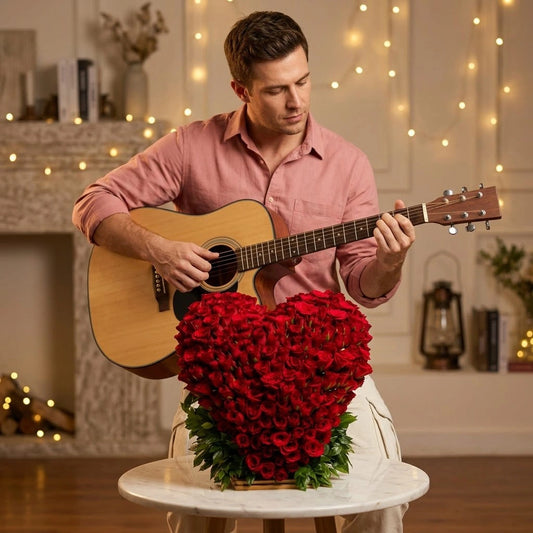 250 Red Roses Heart Shaped Arrangement with Guitarist