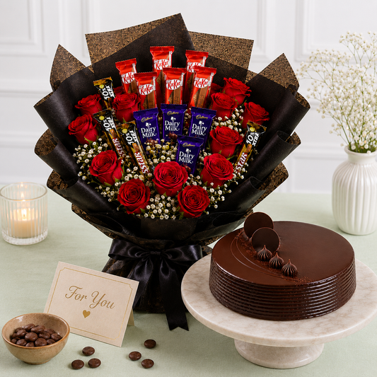 10 Red Roses With Chocolates and Chocolate Truffle Cake