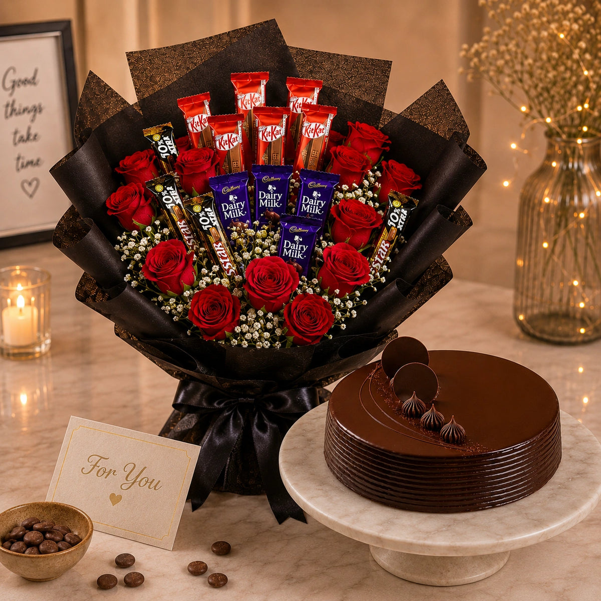 10 Red Roses With Chocolates and Chocolate Truffle Cake