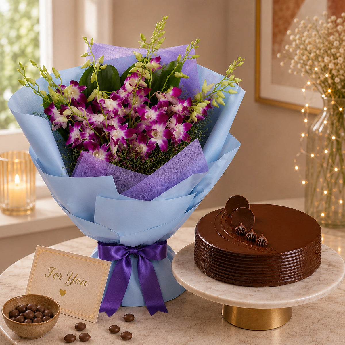 10 Purple Orchids With Eggless Chocolate Truffle Cake