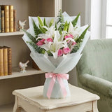 5 White Lilies & 8 Revival Pink Roses Bouquet in White Wrap