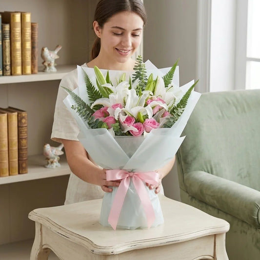 5 White Lilies & 8 Revival Pink Roses Bouquet in White Wrap
