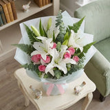 5 White Lilies & 8 Revival Pink Roses Bouquet in White Wrap