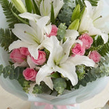 5 White Lilies & 8 Revival Pink Roses Bouquet in White Wrap