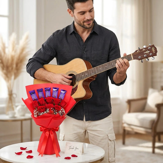 8 Red Roses & Dairy Milk Chocolate Gift Set with Guitarist
