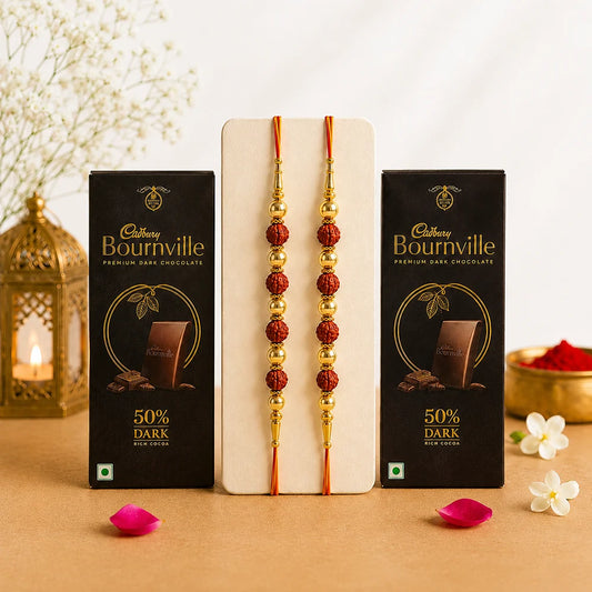 Set of 2 Rudraksha Rakhi with Premium Dark Chocolates | Sacred Rakhi Gift
